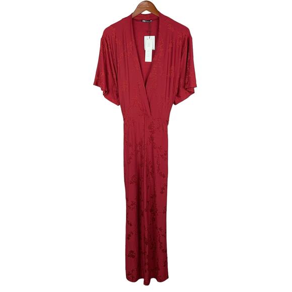 New Zara Jumpsuit Faux Wrap Neckline Red Jacquard Knit Short Sleeve Women’s M - Picture 3 of 12